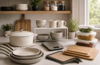 Small kitchen essentials laid out — cream Dutch oven, stackable shelves, glass containers, bamboo boards, and scale.