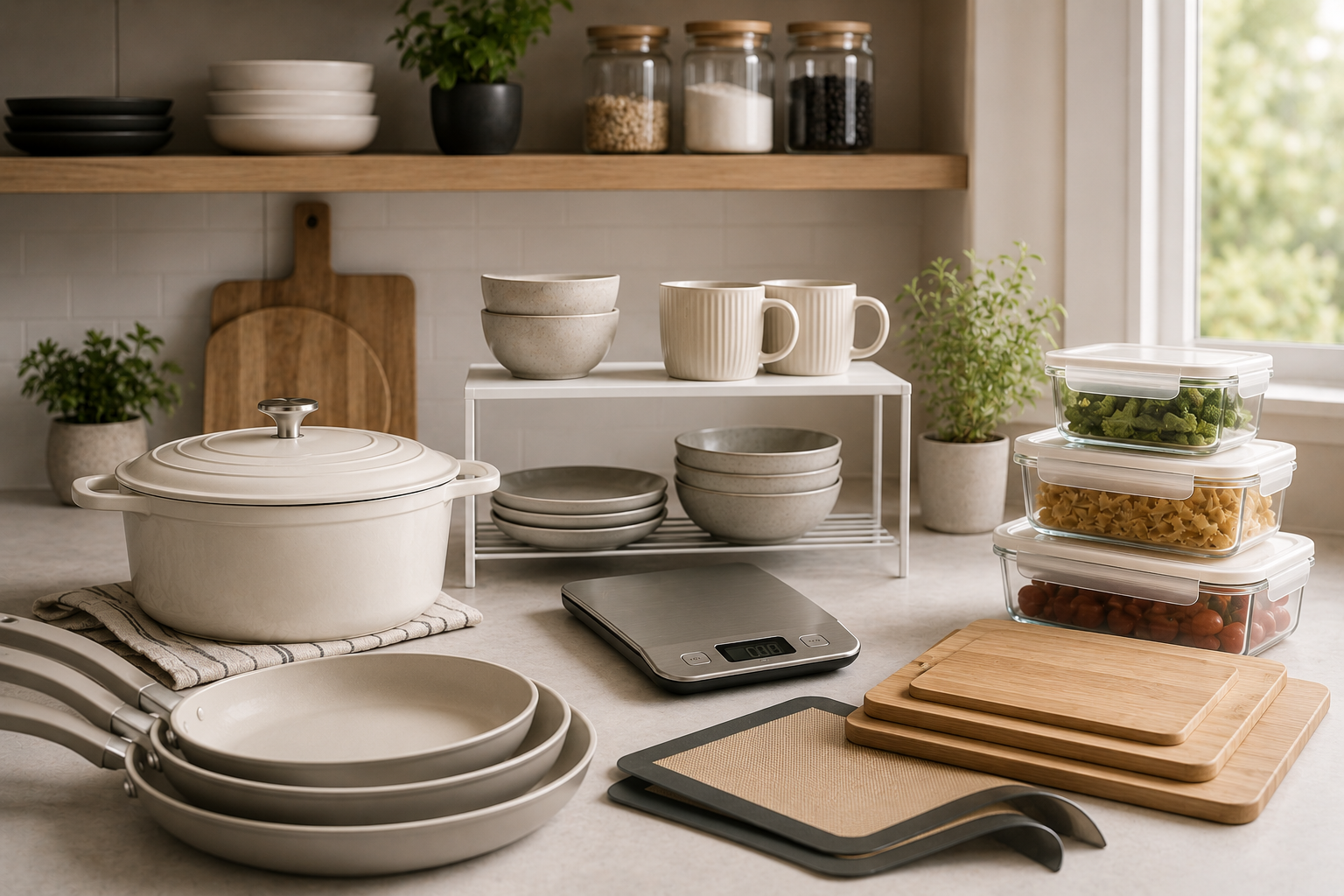 Small kitchen essentials laid out — cream Dutch oven, stackable shelves, glass containers, bamboo boards, and scale.