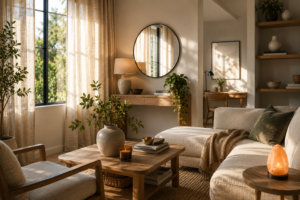 Warm minimalist living room with oak coffee table, linen sofa, round mirror, sheer curtains, and a Himalayan salt lamp.