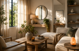 Warm minimalist living room with oak coffee table, linen sofa, round mirror, sheer curtains, and a Himalayan salt lamp.