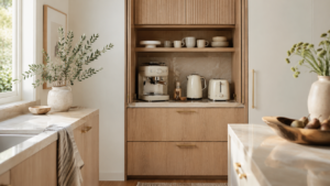 Espresso machine, kettle, and toaster hidden inside a wood appliance garage cabinet in a small kitchen.