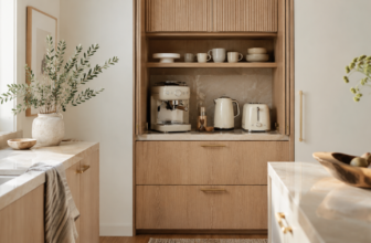 Espresso machine, kettle, and toaster hidden inside a wood appliance garage cabinet in a small kitchen.