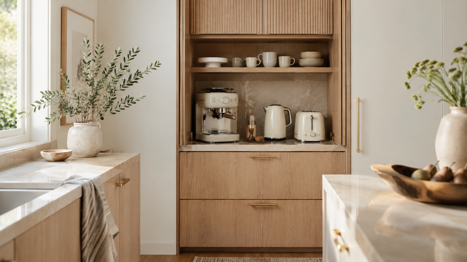 Espresso machine, kettle, and toaster hidden inside a wood appliance garage cabinet in a small kitchen.
