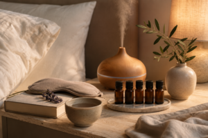 Wood-grain diffuser misting beside five essential oil bottles on a marble tray in a calm bedtime bedroom.