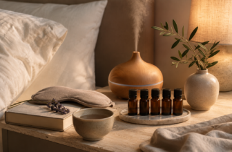 Wood-grain diffuser misting beside five essential oil bottles on a marble tray in a calm bedtime bedroom.