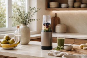 Personal blender making a green smoothie with fresh fruit on a warm stone kitchen counter.