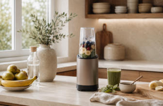 Personal blender making a green smoothie with fresh fruit on a warm stone kitchen counter.