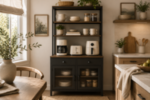 Black metal appliance hutch with open shelving and glass cabinet doors, styled with cream appliances and ceramic dishware in a small kitchen