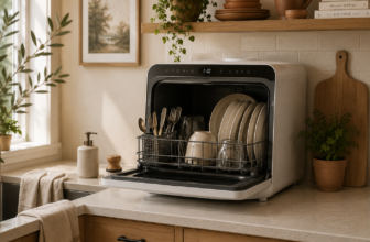 Open white countertop dishwasher loaded with stoneware plates, mugs, and utensils on a small apartment kitchen counter