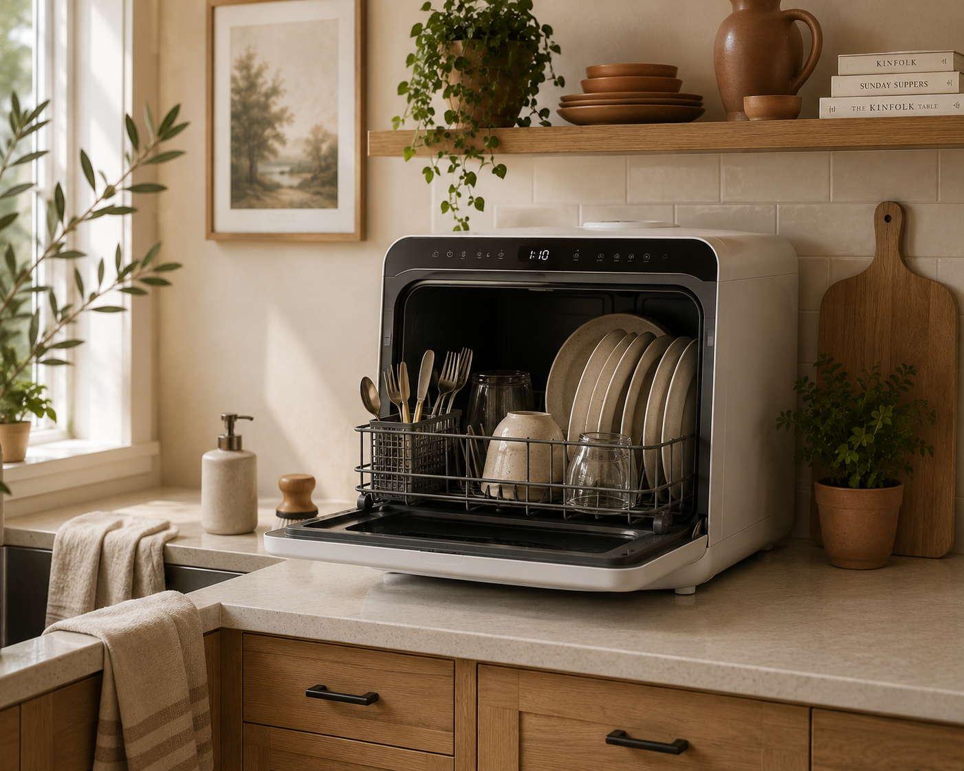 Open white countertop dishwasher loaded with stoneware plates, mugs, and utensils on a small apartment kitchen counter
