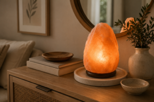Himalayan salt lamp on a marble tray to prevent sweating, glowing on a wood console with a vase and books.