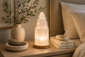 Tiered selenite tower lamp glowing softly on a wooden base, styled on a nightstand with a ceramic vase, dried sage, and stacked books