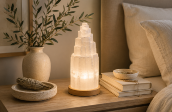 Tiered selenite tower lamp glowing softly on a wooden base, styled on a nightstand with a ceramic vase, dried sage, and stacked books