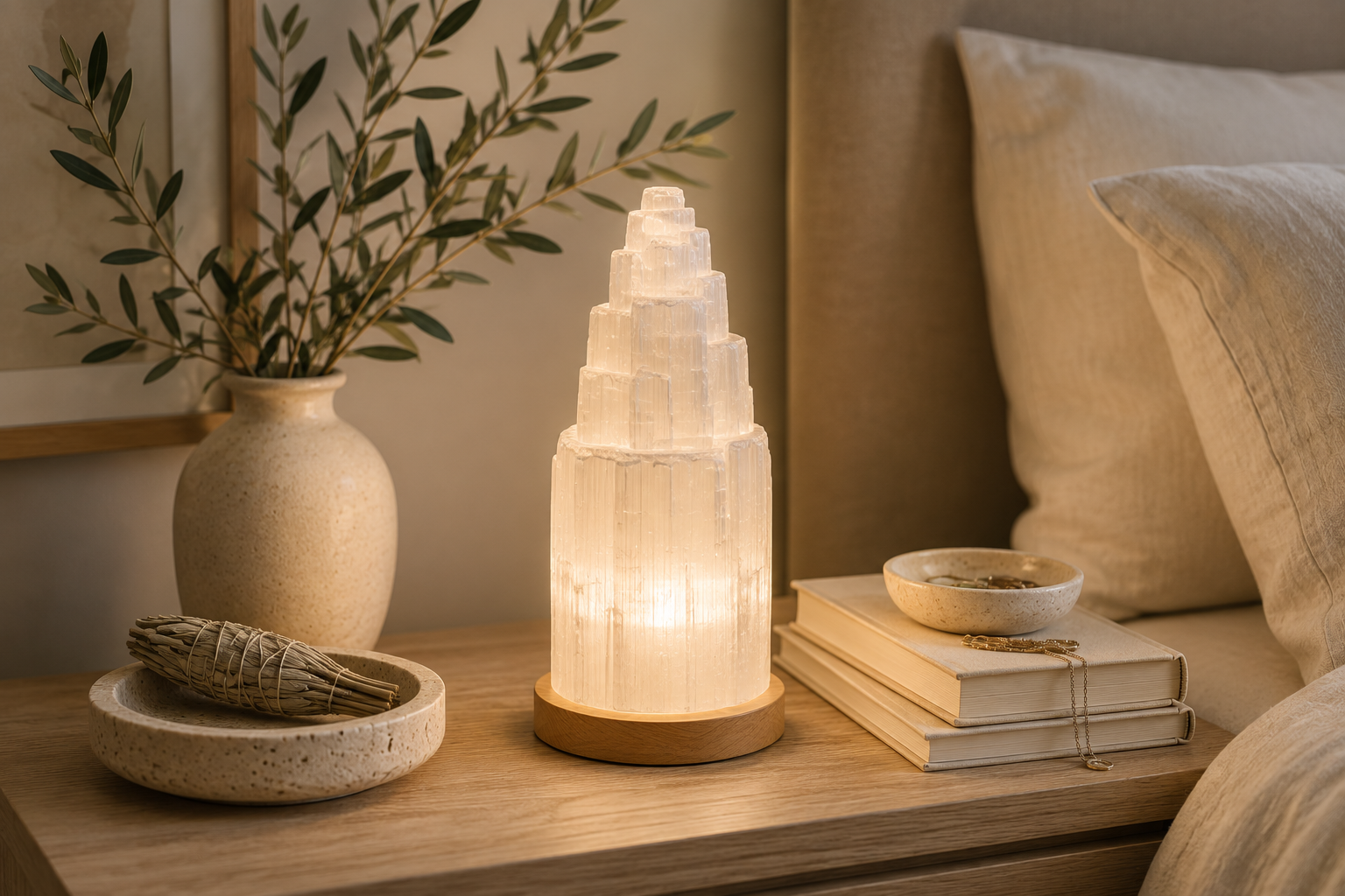 Tiered selenite tower lamp glowing softly on a wooden base, styled on a nightstand with a ceramic vase, dried sage, and stacked books