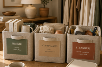 Three labeled sorting bins for Friends, Acquaintances, and Strangers decluttering method with a maybe box.