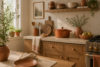 Terracotta Dutch oven, mugs, planters, and cabinet knobs styled on warm oak kitchen cabinets and cream counters