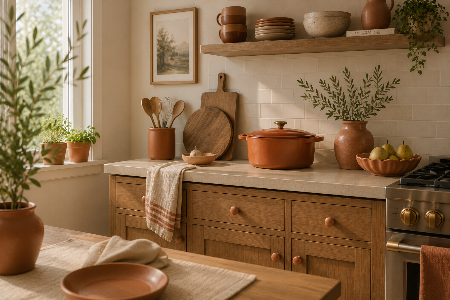 Terracotta Dutch oven, mugs, planters, and cabinet knobs styled on warm oak kitchen cabinets and cream counters