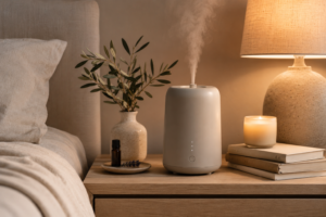 Ceramic humidifier releasing soft mist on a wooden nightstand beside a warm lamp, candle, and olive branch in a small bedroom