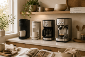 Compact coffee maker on a small kitchen counter next to a coffee mug