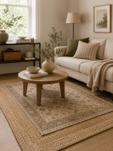 Layered jute rug with a smaller vintage floral rug on top, styled under a round wood coffee table in a small warm-toned living room