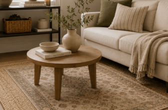 Layered jute rug with a smaller vintage floral rug on top, styled under a round wood coffee table in a small warm-toned living room