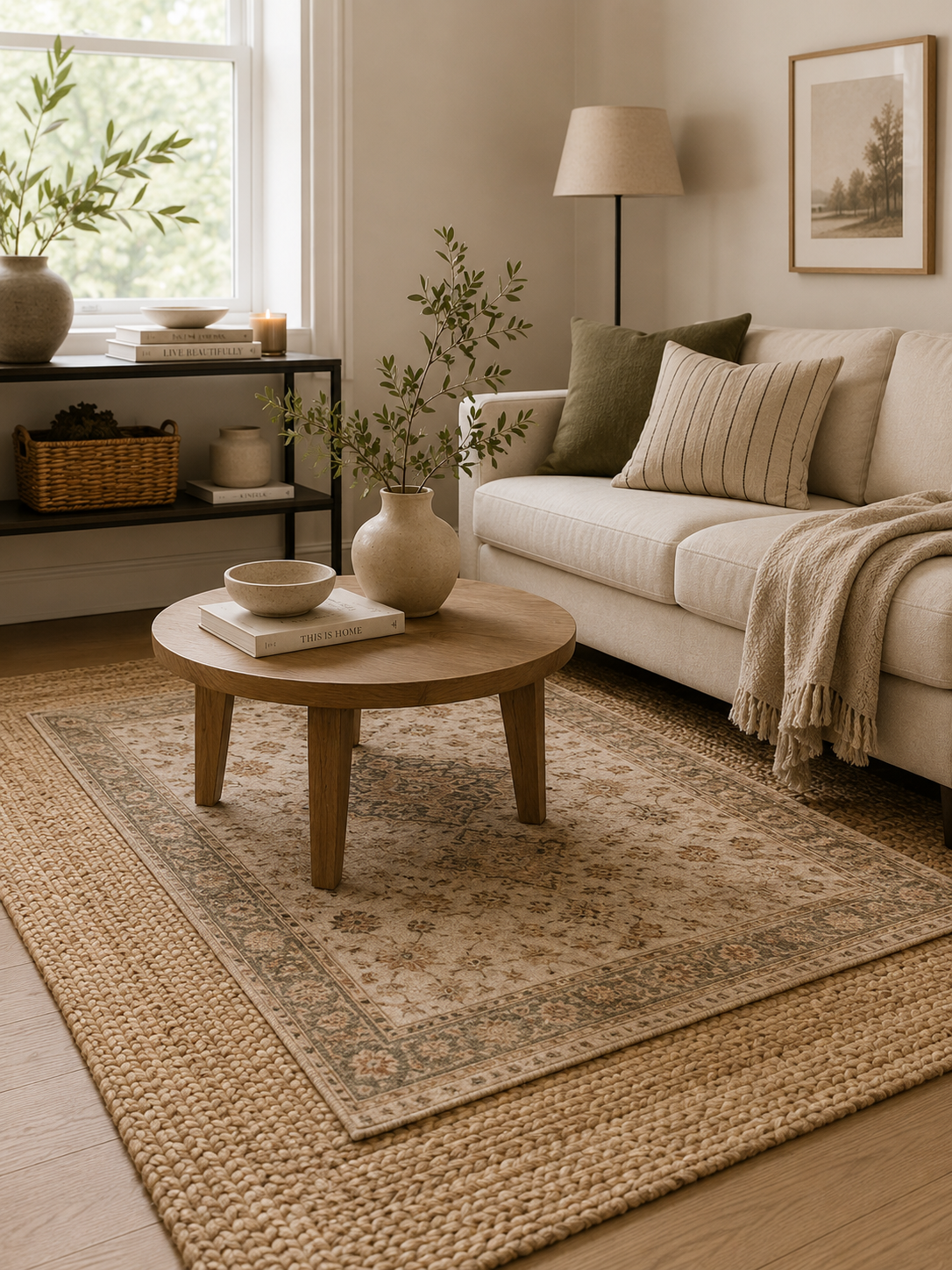 Layered jute rug with a smaller vintage floral rug on top, styled under a round wood coffee table in a small warm-toned living room