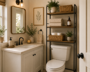 Black metal over-the-toilet storage rack with wood shelves, woven baskets, and towels in a small warm-toned rental bathroom