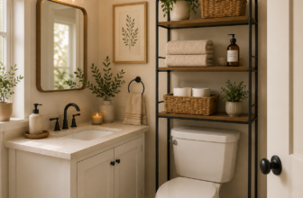 Black metal over-the-toilet storage rack with wood shelves, woven baskets, and towels in a small warm-toned rental bathroom
